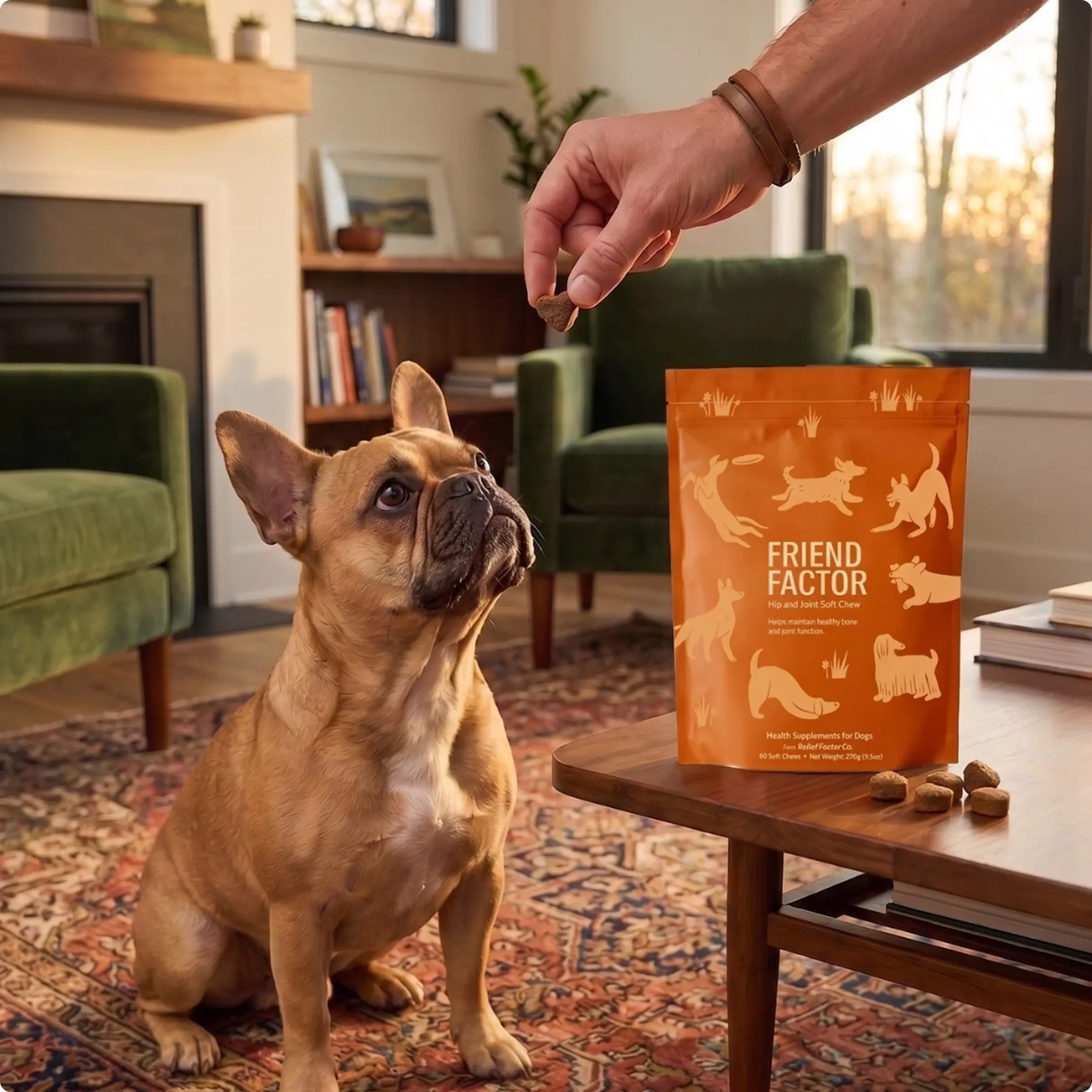 Dog looking at a Friend Factor chew